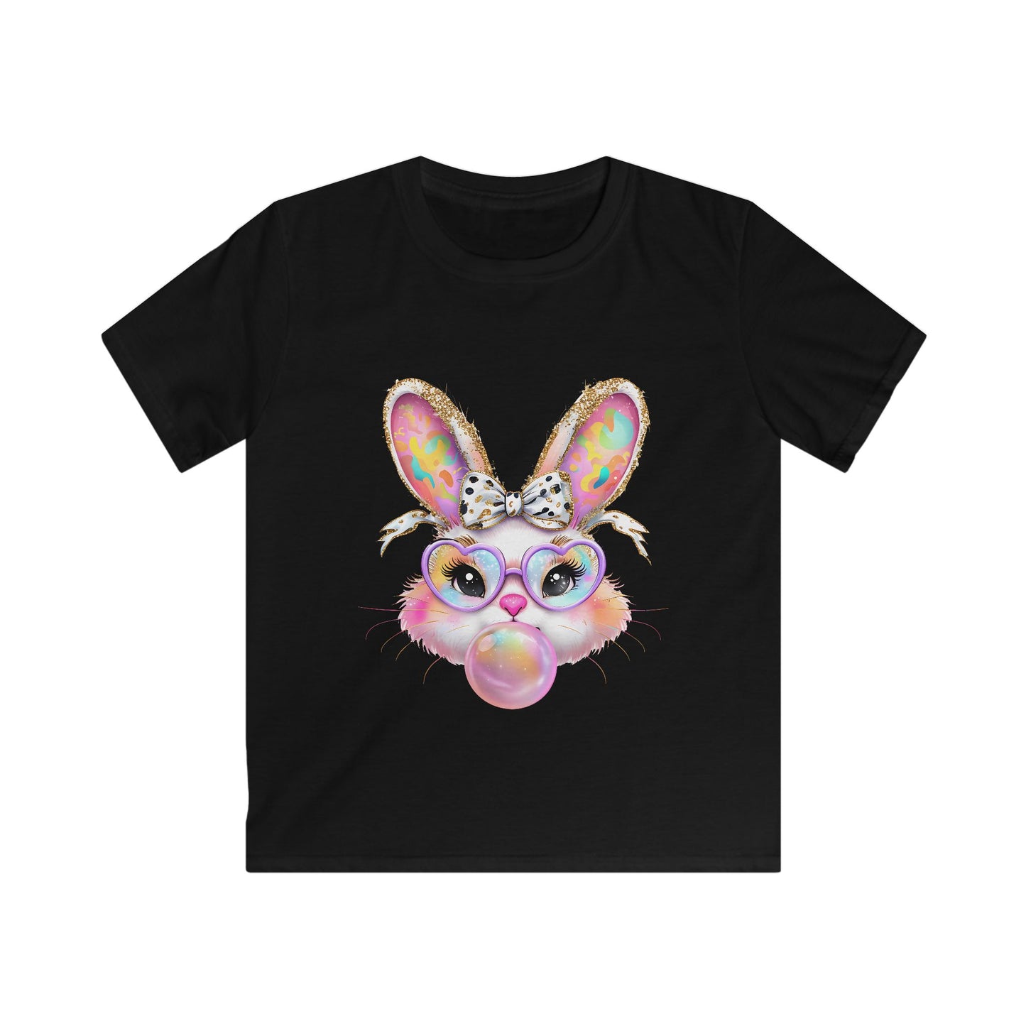 Kids Bunny Bubble Gum T‑Shirt — Cute Pastel Bunny with Glasses & Bow