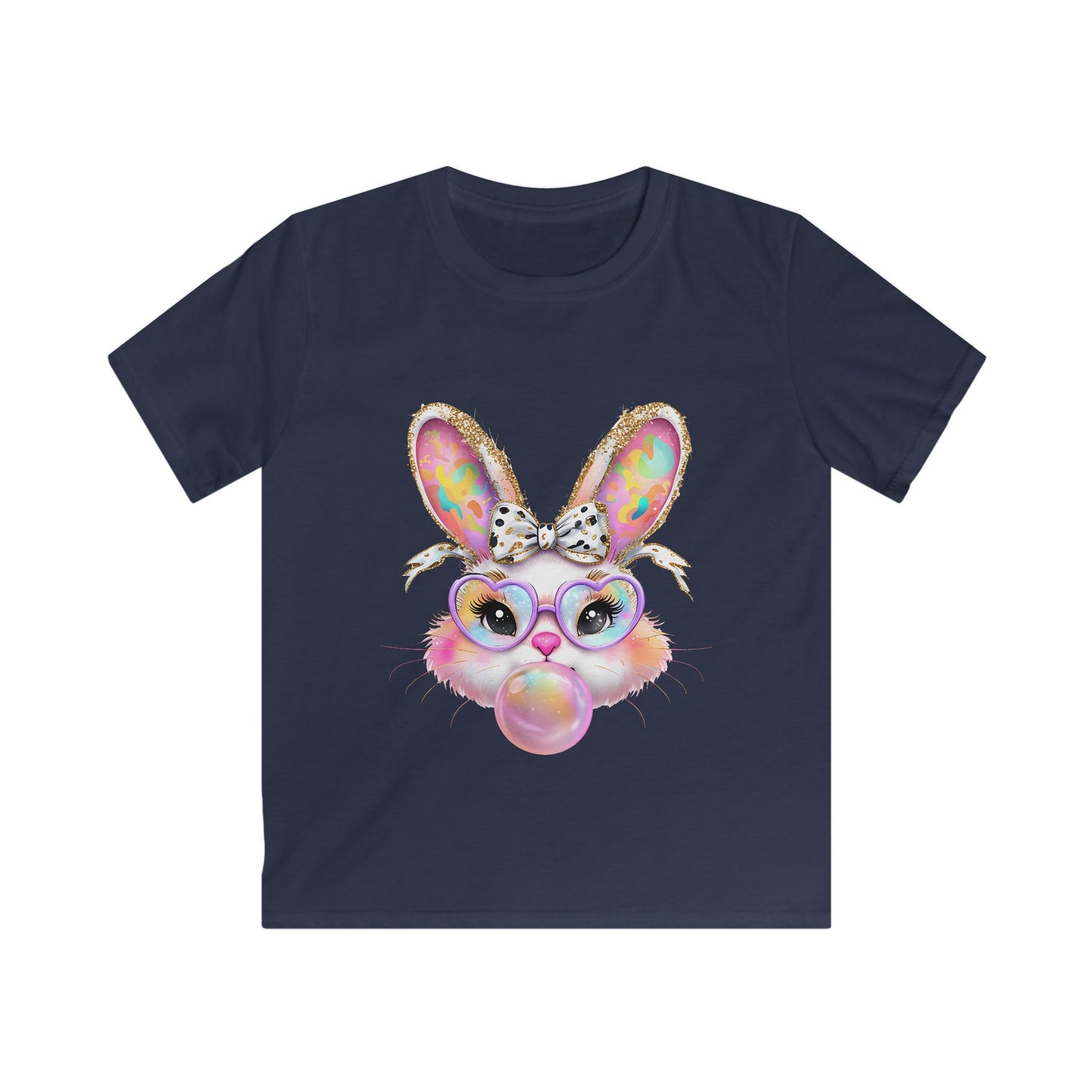 Kids Bunny Bubble Gum T‑Shirt — Cute Pastel Bunny with Glasses & Bow
