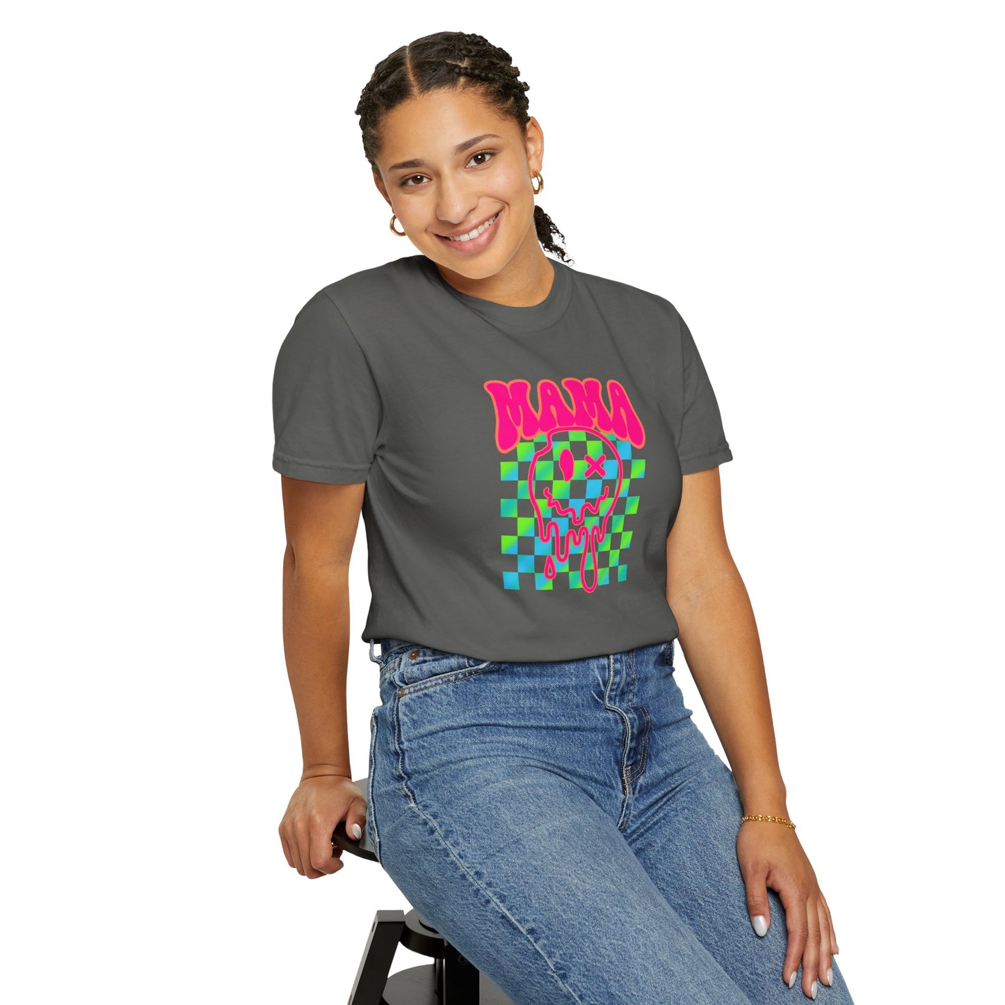 Mama Meltdown Graphic T-Shirt — Neon Checkerboard Drip Design