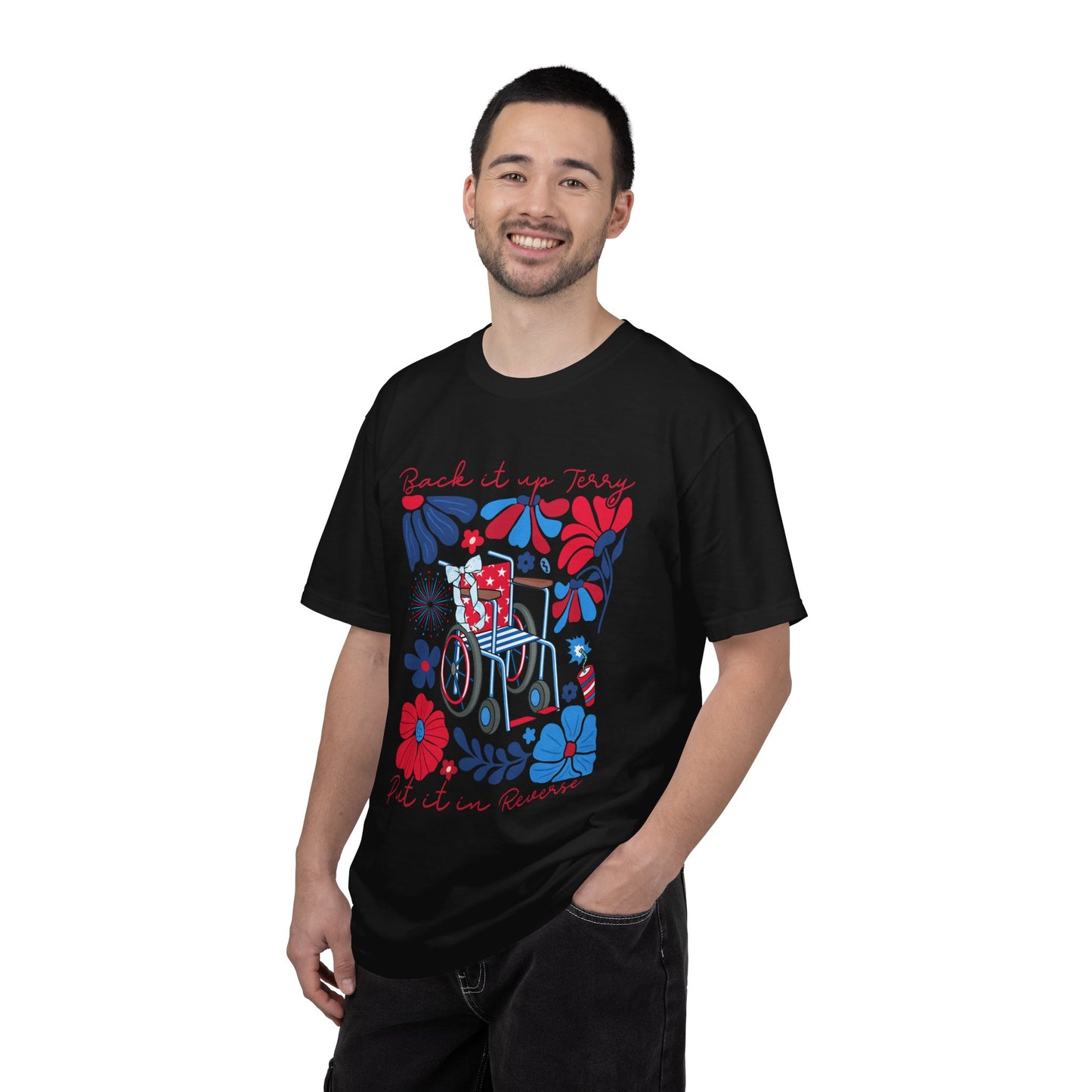 Fourth of July Beach Wheelchair T-Shirt — Patriotic Floral "Pack it up, Jerry" Tee