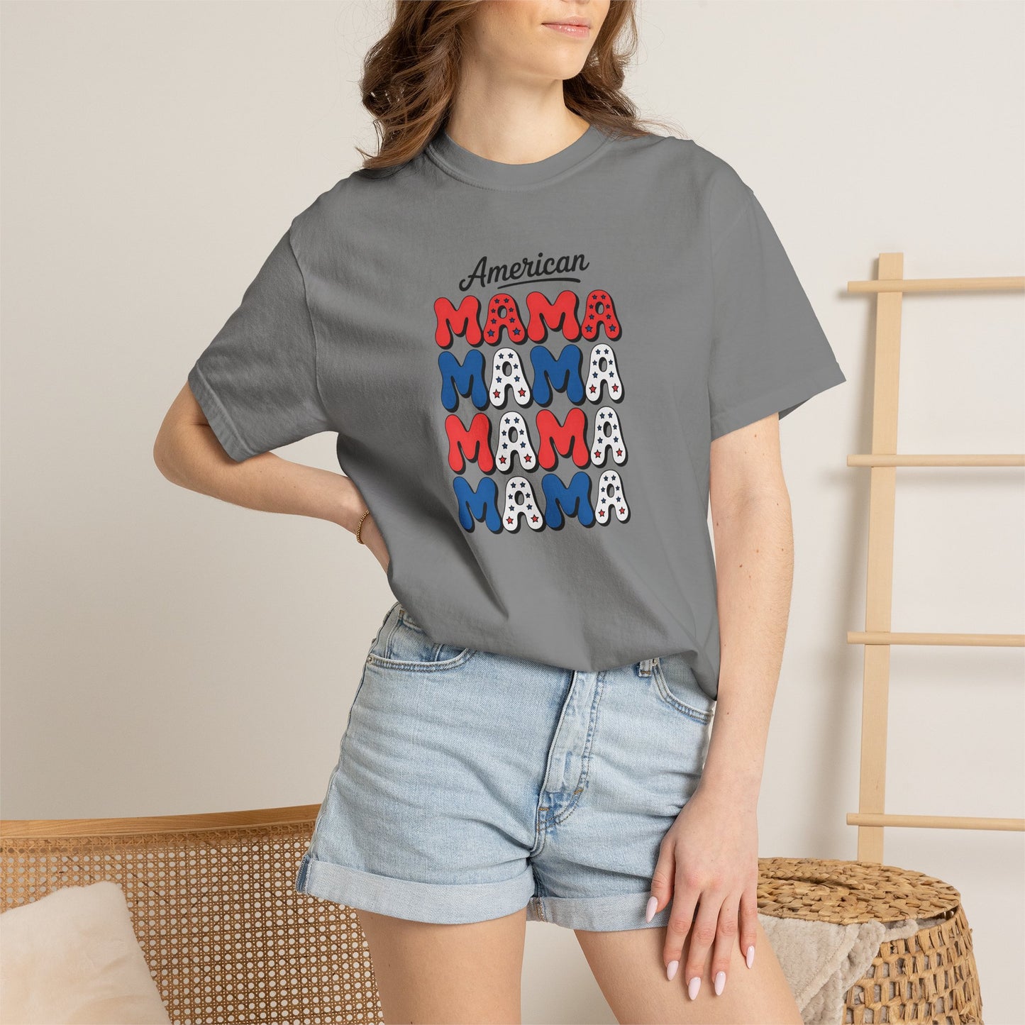 American Mama Graphic T-Shirt – Patriotic Red White Blue Mom Tee
