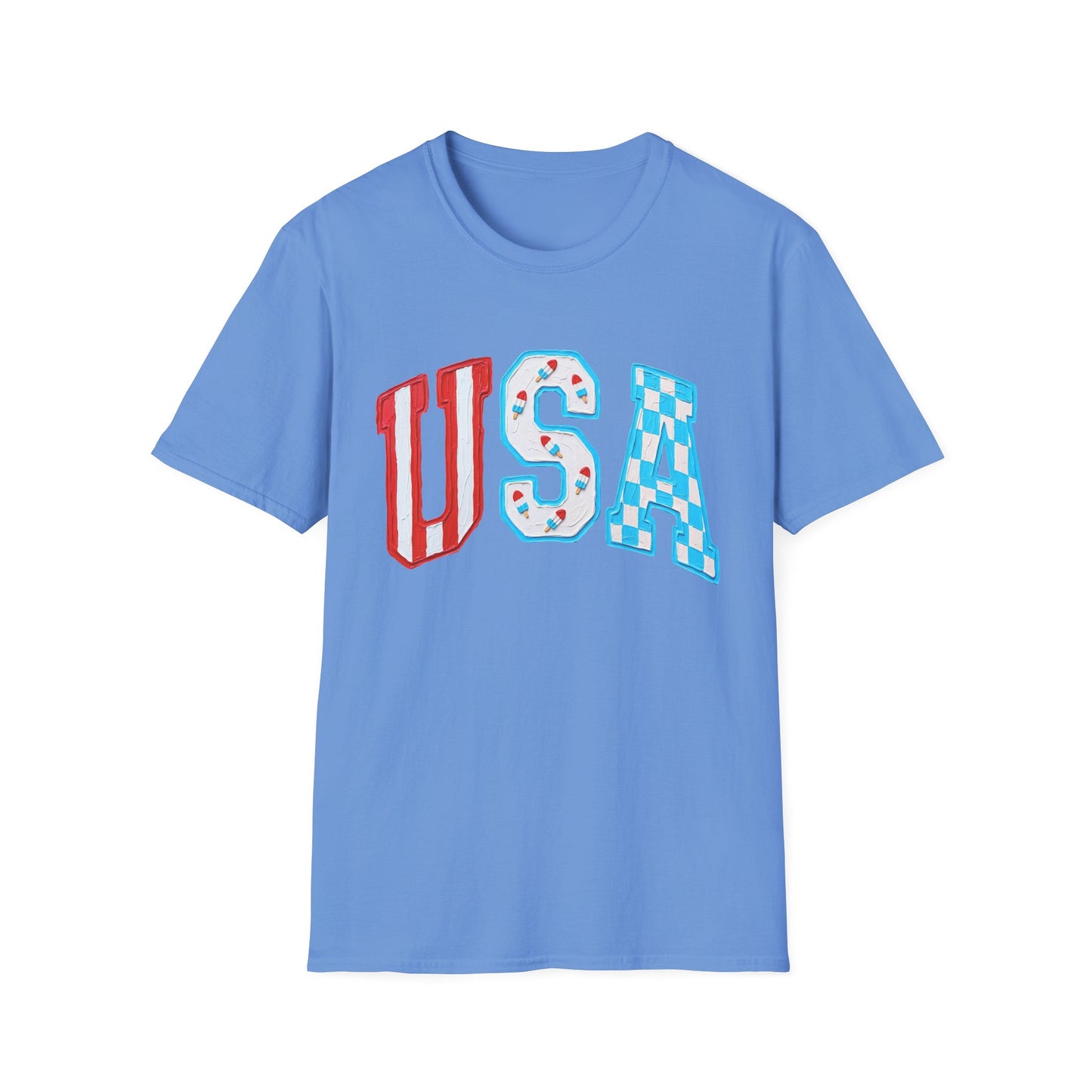 USA Patriotic T-Shirt — Red White & Blue Lettering Tee