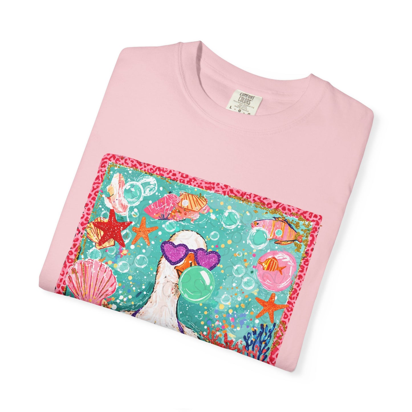 Sea Duck Mermaid T-Shirt — Whimsical Beach Graphic Tee with Sunglasses & Shell Bra