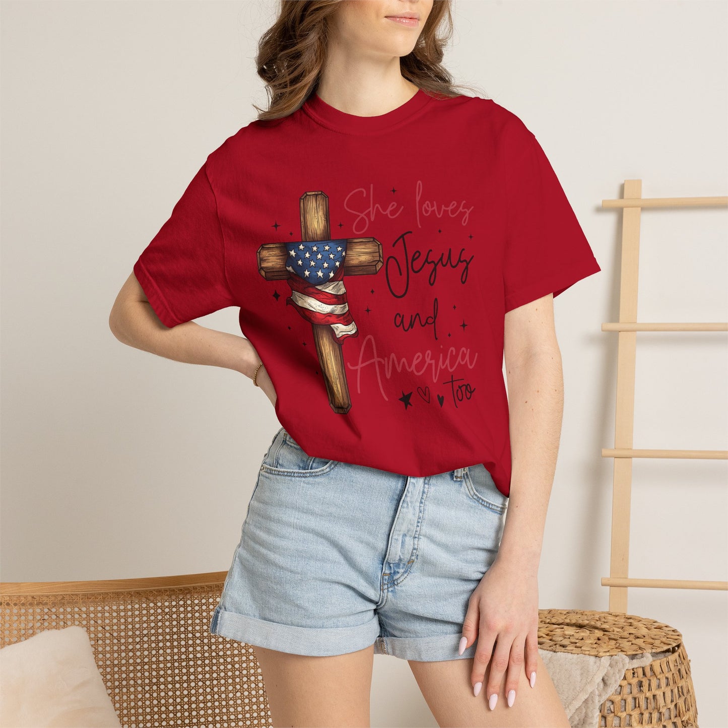 T-Shirt — "She Loves Jesus and America Too" Cross & Flag Faith Patriotic Tee
