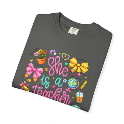 Teacher T-Shirt — "She is a Teacher" Cute School Supplies Design