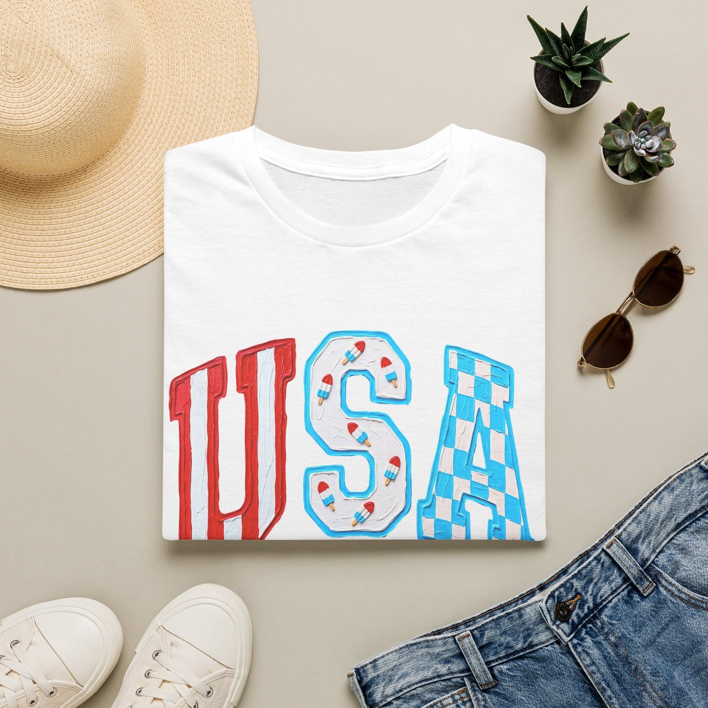 USA Patriotic T-Shirt — Red White & Blue Lettering Tee
