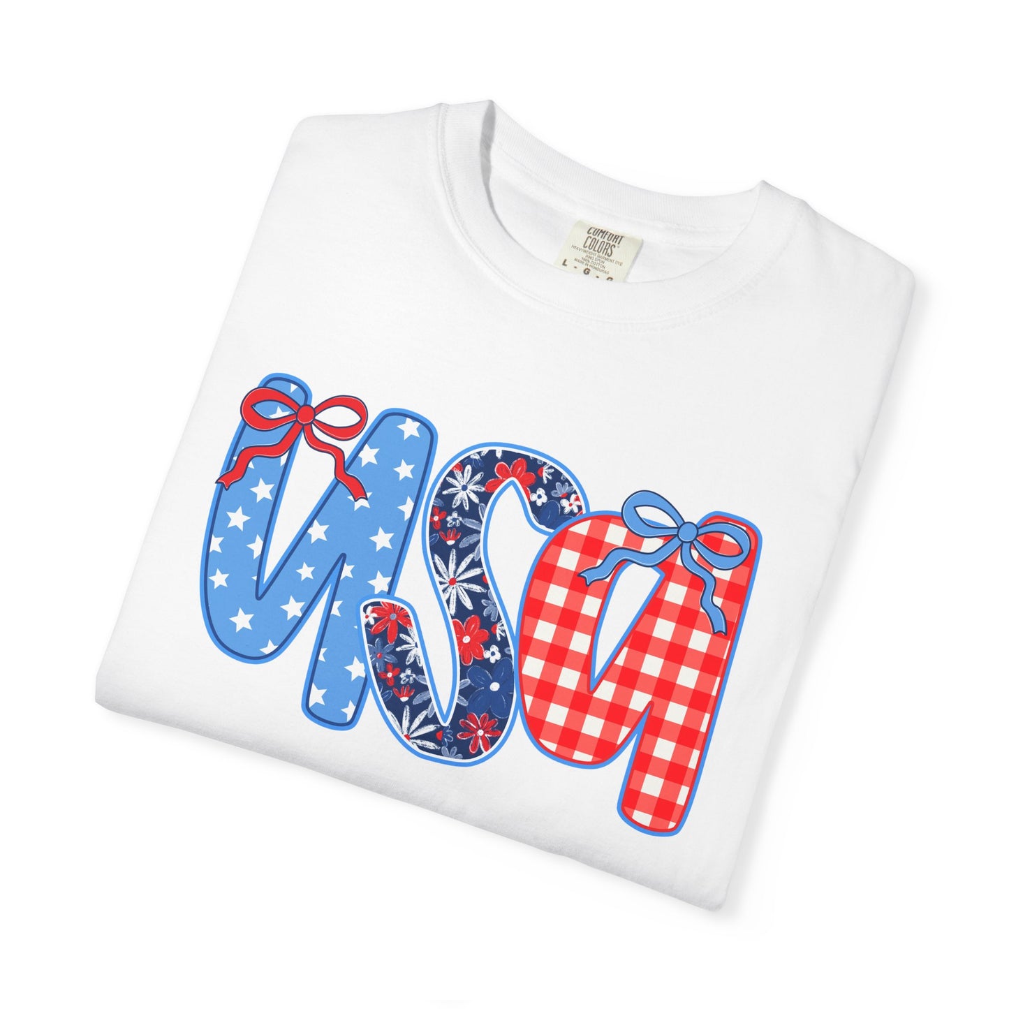 USA Patriotic T-Shirt - Red White Blue Bow Ribbon Design