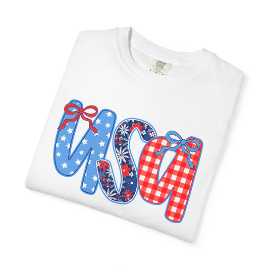 USA Patriotic T-Shirt - Red White Blue Bow Ribbon Design