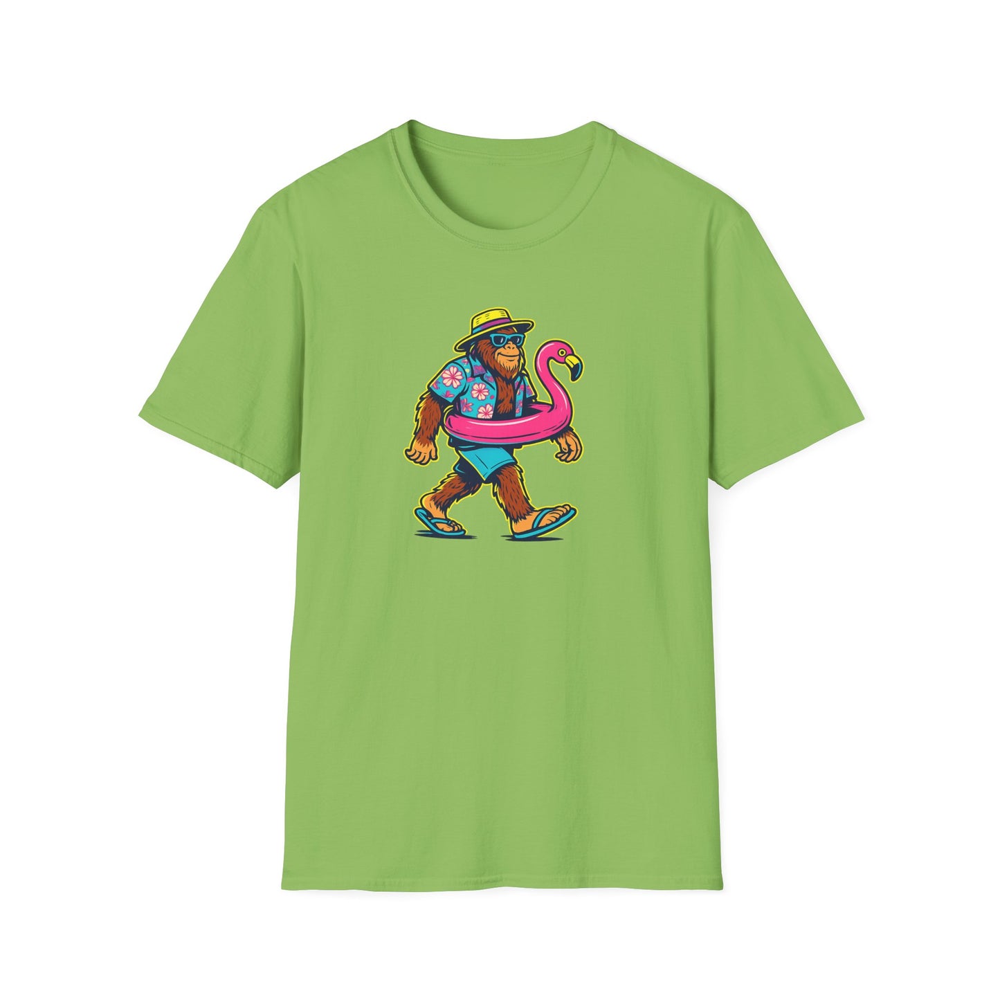 Beach Vacation Bigfoot Tee — Funny Sasquatch with Flamingo Float Shirt