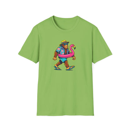 Beach Vacation Bigfoot Tee — Funny Sasquatch with Flamingo Float Shirt