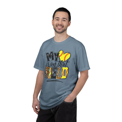 Softball Mom T-Shirt - "My Heart is on That Field" Leopard Stitch Design