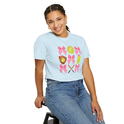 Softball Mom Graphic T‑Shirt — Pink Bows, Glove & Bat Design