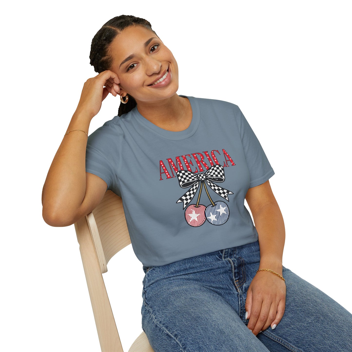 America Cherry Graphic T-Shirt – Patriotic Stars & Stripes Fourth of July Tee