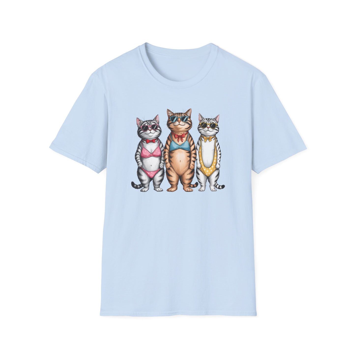 Funny Cats in Bathing Suits T-Shirt — Retro Trio Cat Beach Tee