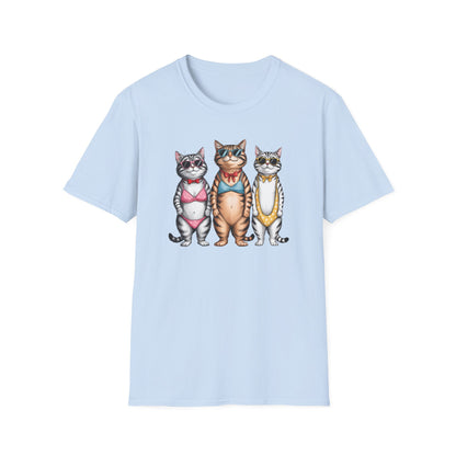 Funny Cats in Bathing Suits T-Shirt — Retro Trio Cat Beach Tee