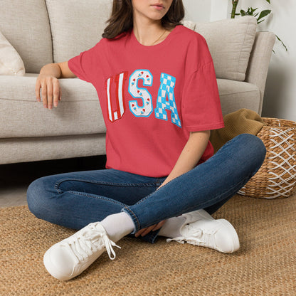 USA Patriotic T-Shirt — Red White & Blue Lettering Tee