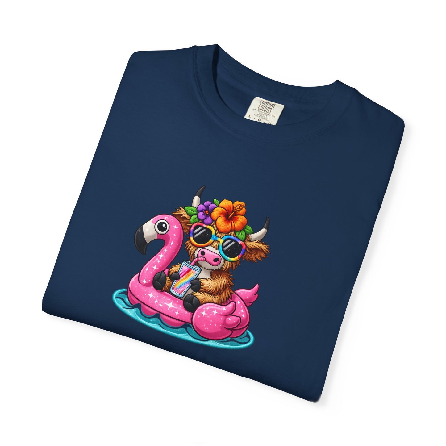 Cute cow on Pink Flamingo Float Graphic T-Shirt — Summer Pool Party Tee