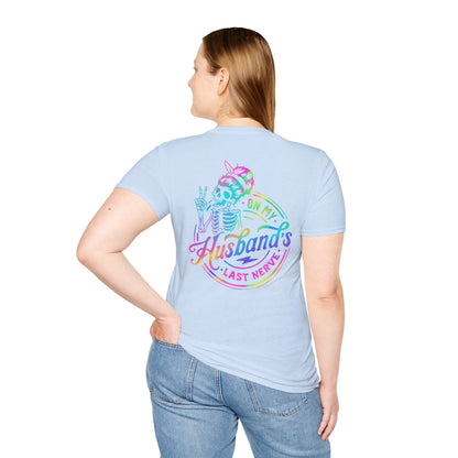 T-Shirt — 'On My Husband's Last Nerve' Rainbow Skeleton Graphic Tee