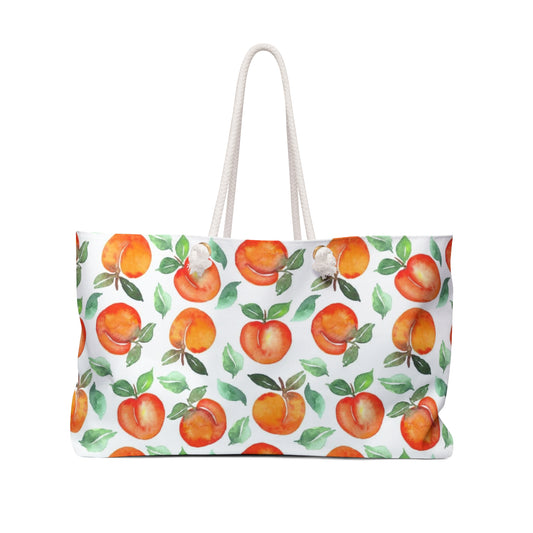 Peach Watercolor Weekender Bag — Fruit Pattern Travel Tote for Summer Getaways