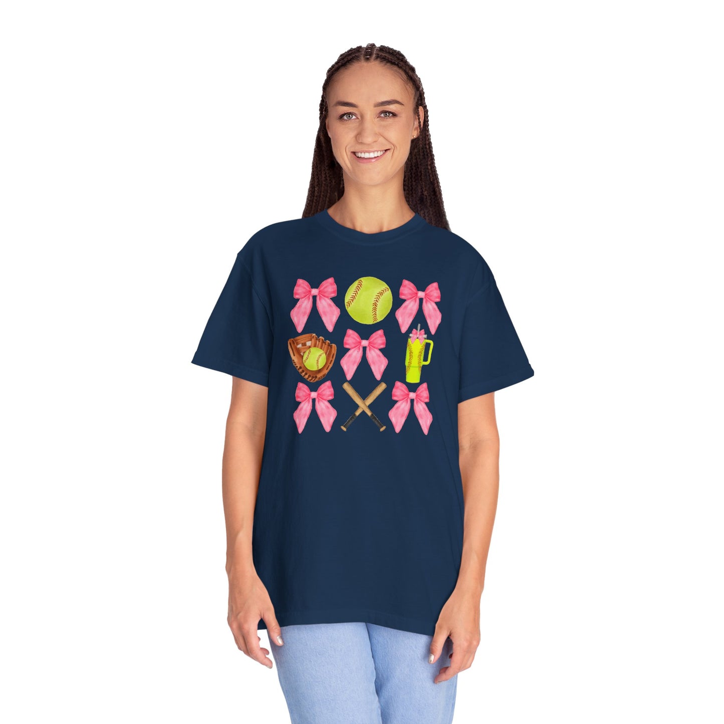 Softball Mom Graphic T‑Shirt — Pink Bows, Glove & Bat Design