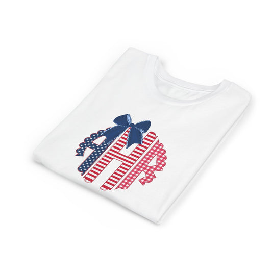 Youth Tee - American Flag Monogram with Bow (Patriotic 4th of July)
