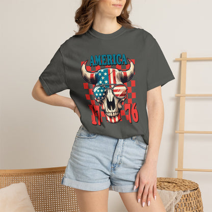 America 1776 Bull Skull T-Shirt — Patriotic Flag Graphic Tee for 4th of July