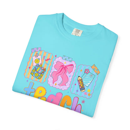 Teacher Gift T‑Shirt — Colorful 'Teach' Classroom Apple & Supplies Design