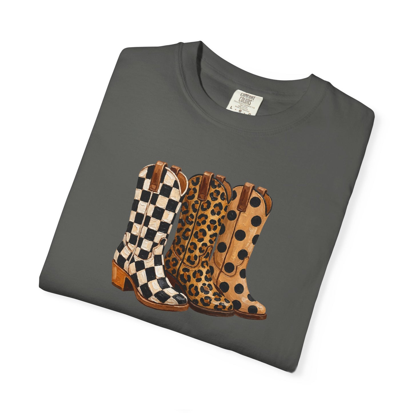 Cowgirl Boots Graphic T-Shirt — Checker & Leopard Print Western Tee
