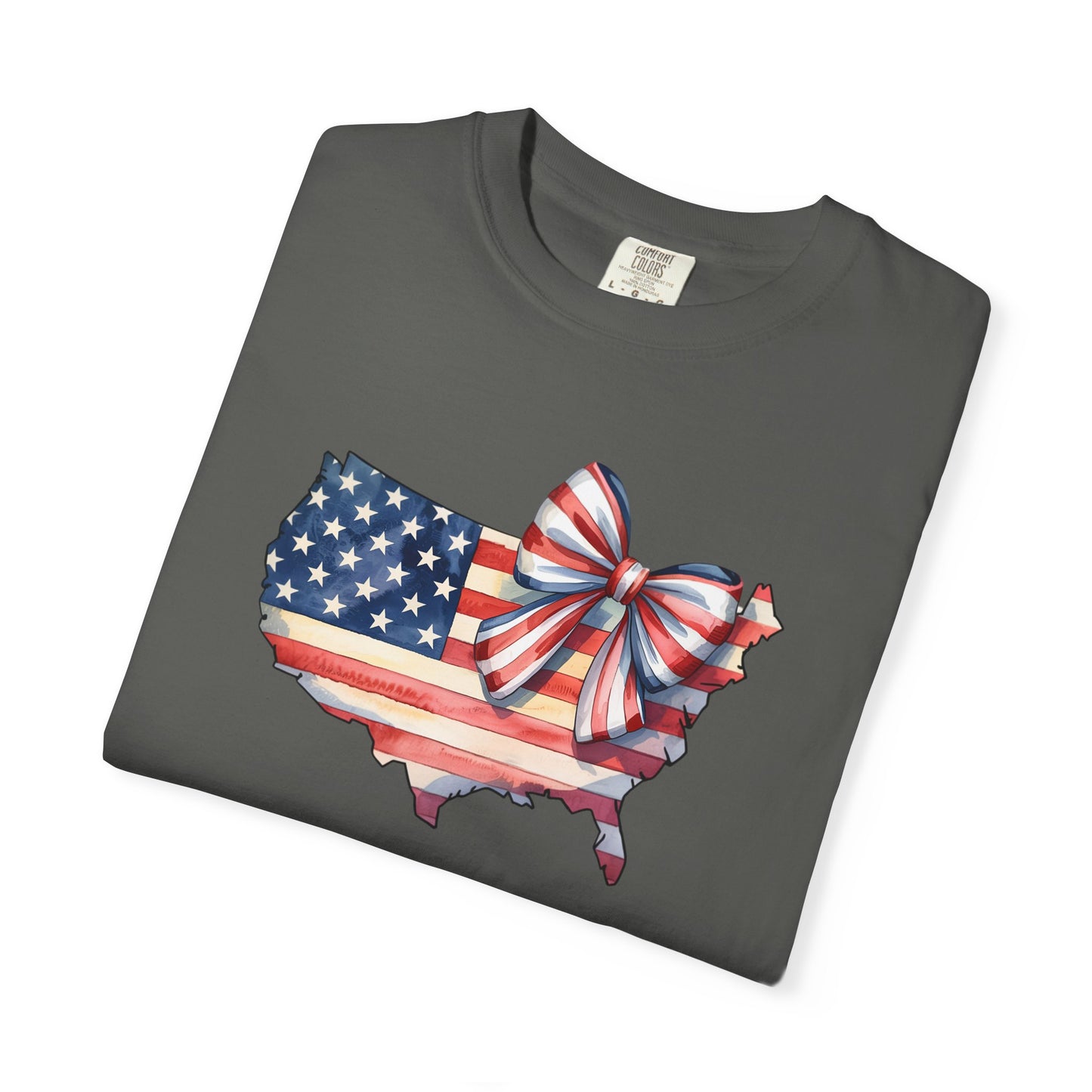 USA Flag Map T‑Shirt with Patriotic Bow — Fourth of July American Pride Tee