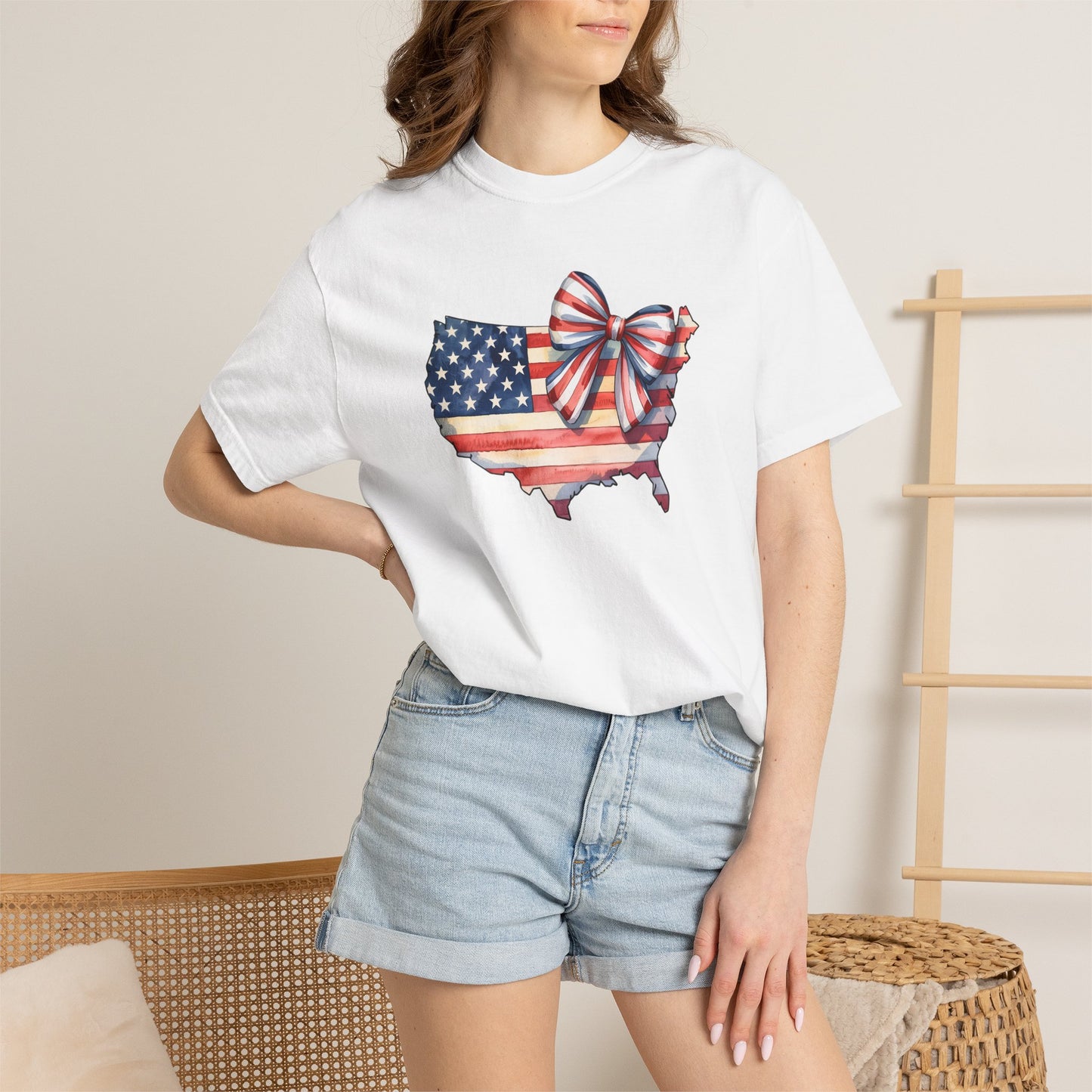 USA Flag Map T‑Shirt with Patriotic Bow — Fourth of July American Pride Tee