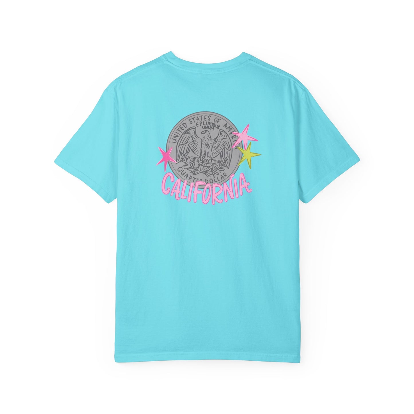 California Coin Graphic Tee — 'California' Retro Neon Stars T-Shirt