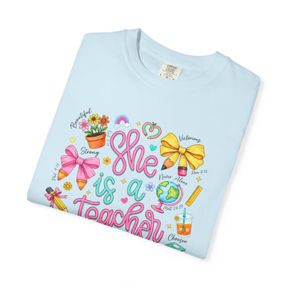 Teacher T-Shirt — "She is a Teacher" Cute School Supplies Design