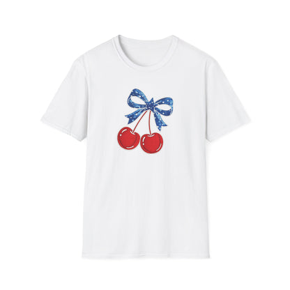 Cherry Graphic T-Shirt — Vintage Red Cherries with Blue Bow