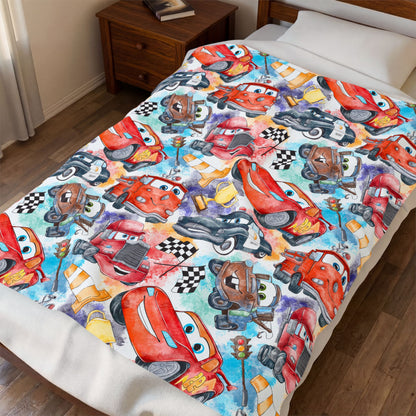 Kids Racing Cars Velveteen Plush Blanket – Colorful Cartoon Racecar Throw for Toddlers & Children