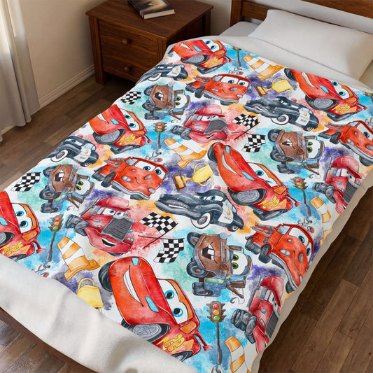 Kids Racing Cars Velveteen Plush Blanket – Colorful Cartoon Racecar Throw for Toddlers & Children
