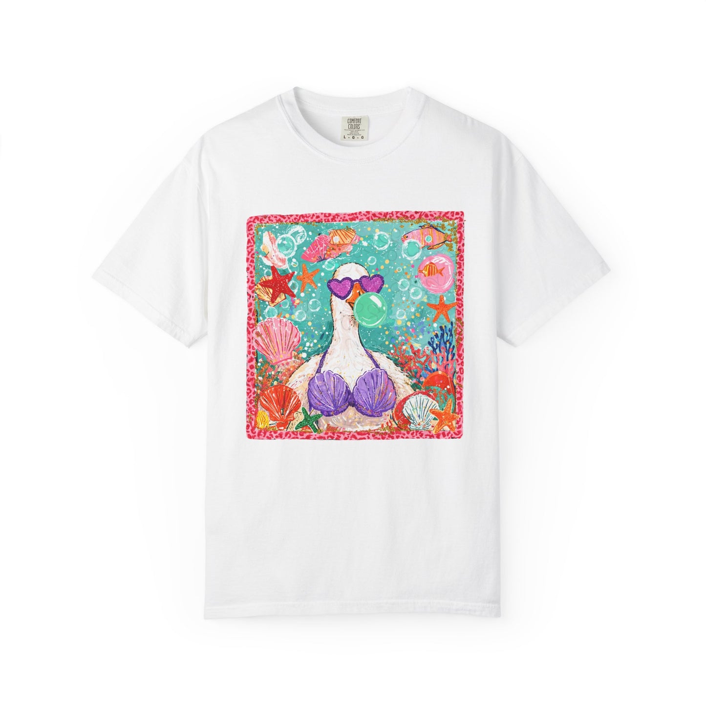 Sea Duck Mermaid T-Shirt — Whimsical Beach Graphic Tee with Sunglasses & Shell Bra