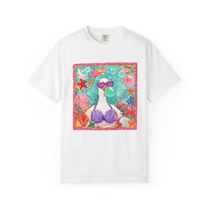 Sea Duck Mermaid T-Shirt — Whimsical Beach Graphic Tee with Sunglasses & Shell Bra
