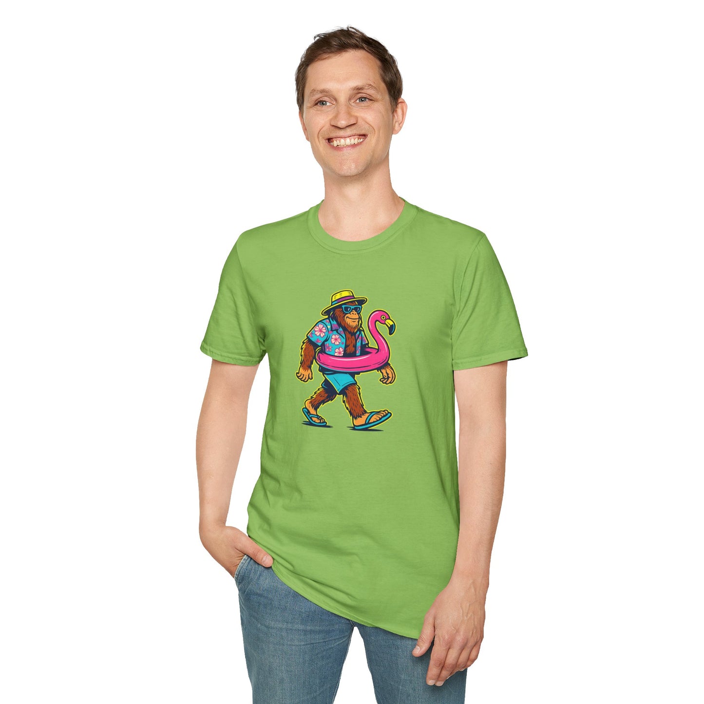 Beach Vacation Bigfoot Tee — Funny Sasquatch with Flamingo Float Shirt