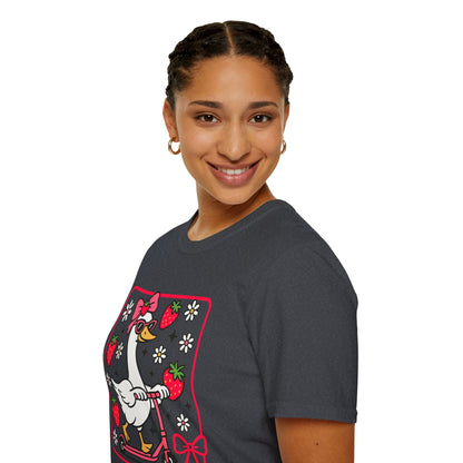 Cute Goose on Scooter T‑Shirt — Strawberry & Bow Graphic Tee