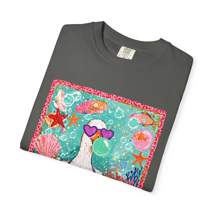 Sea Duck Mermaid T-Shirt — Whimsical Beach Graphic Tee with Sunglasses & Shell Bra