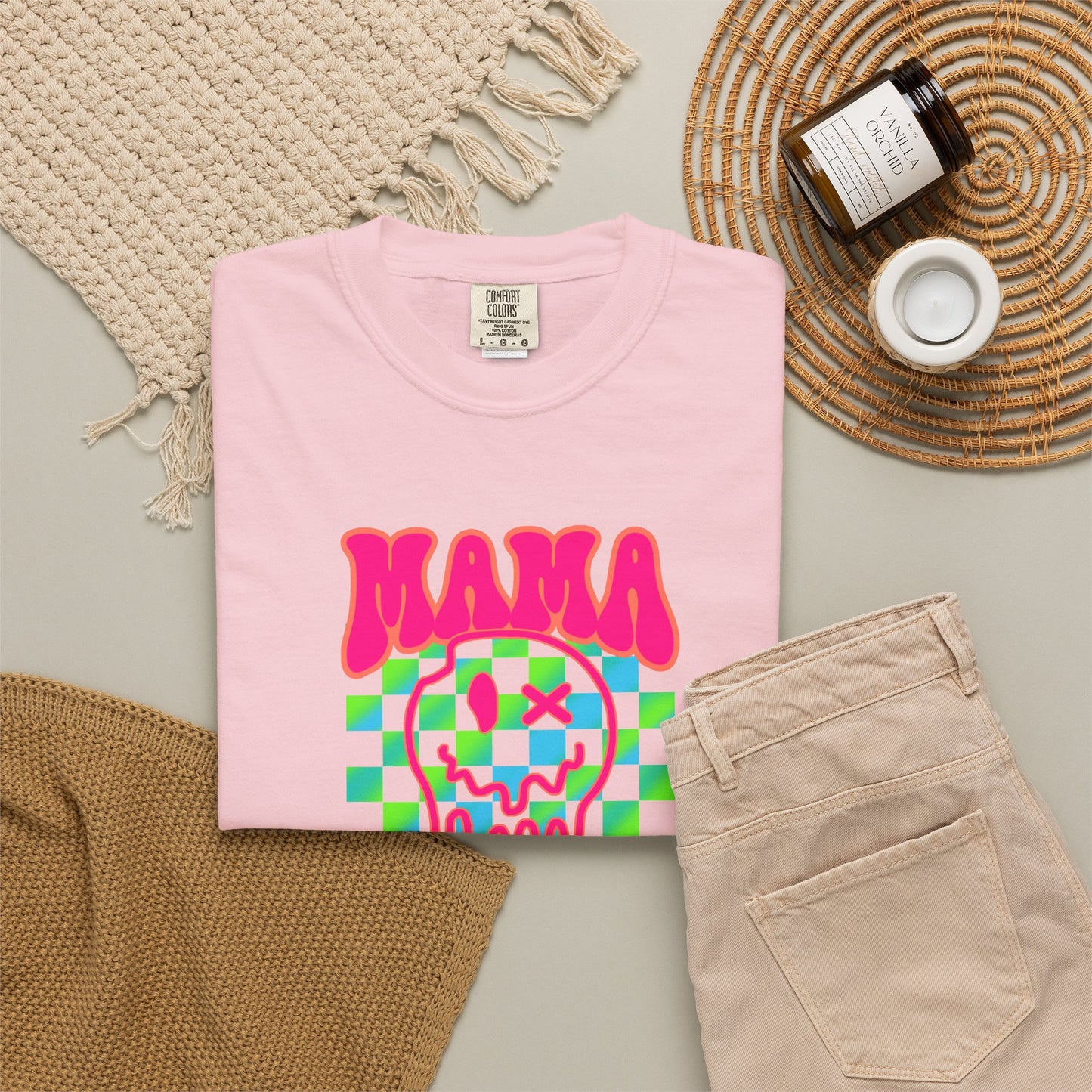 Mama Meltdown Graphic T-Shirt — Neon Checkerboard Drip Design