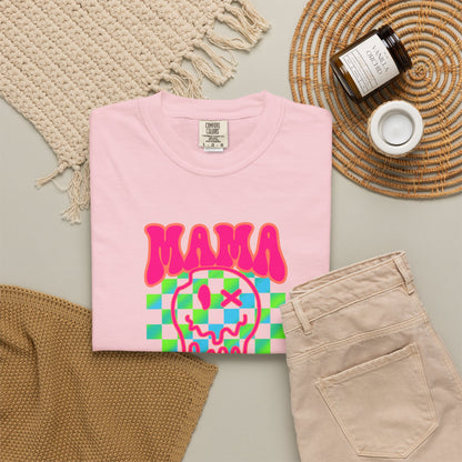 Mama Meltdown Graphic T-Shirt — Neon Checkerboard Drip Design