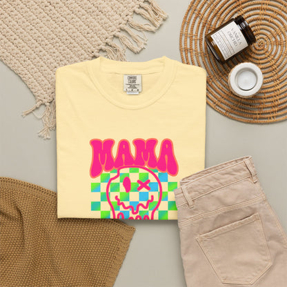 Mama Meltdown Graphic T-Shirt — Neon Checkerboard Drip Design