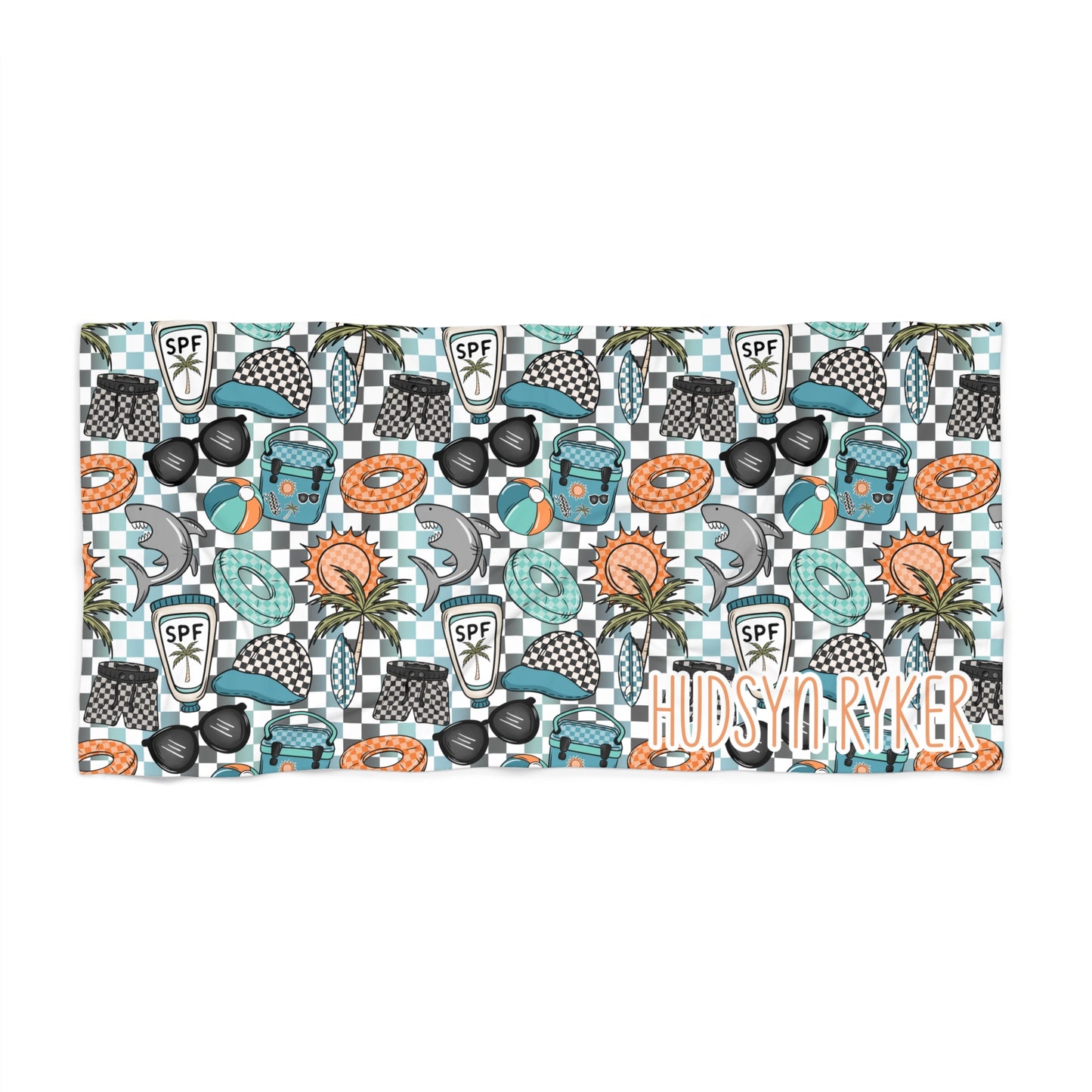 Personalized Beach Towel — Retro Summer Pattern with Sunscreen & Lifesaver Icons (Custom Name)