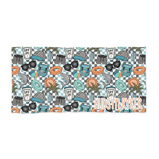 Personalized Beach Towel — Retro Summer Pattern with Sunscreen & Lifesaver Icons (Custom Name)