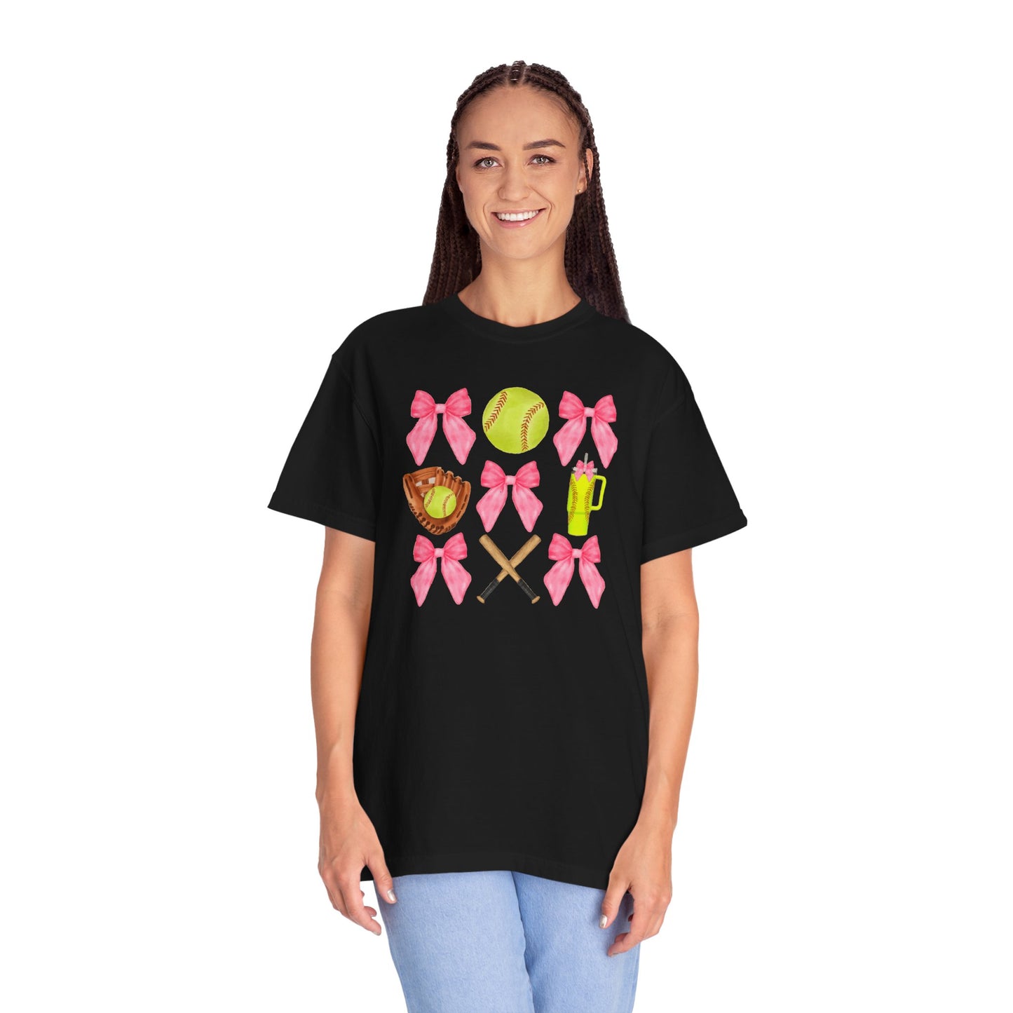 Softball Mom Graphic T‑Shirt — Pink Bows, Glove & Bat Design