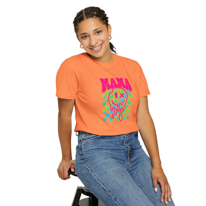 Mama Meltdown Graphic T-Shirt — Neon Checkerboard Drip Design