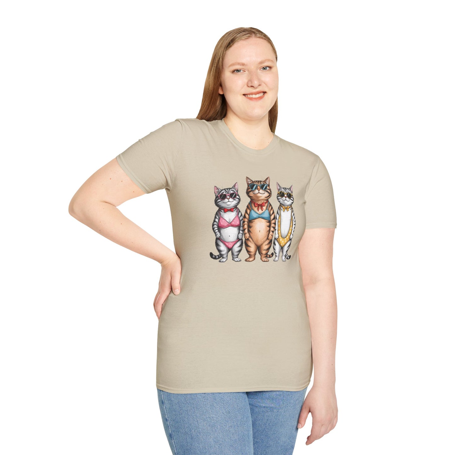 Funny Cats in Bathing Suits T-Shirt — Retro Trio Cat Beach Tee
