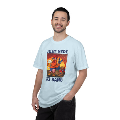 T-Shirt — "Just Here to Bang" Rooster Liberty BBQ Graphic Tee