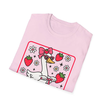 Cute Goose on Scooter T‑Shirt — Strawberry & Bow Graphic Tee